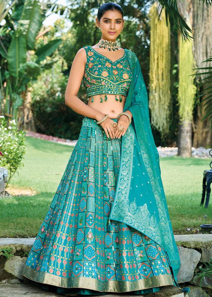 Shades Of Blue Ready to Wear Dola Silk Lehenga Choli with Hand work Embroidery & Khatli Work