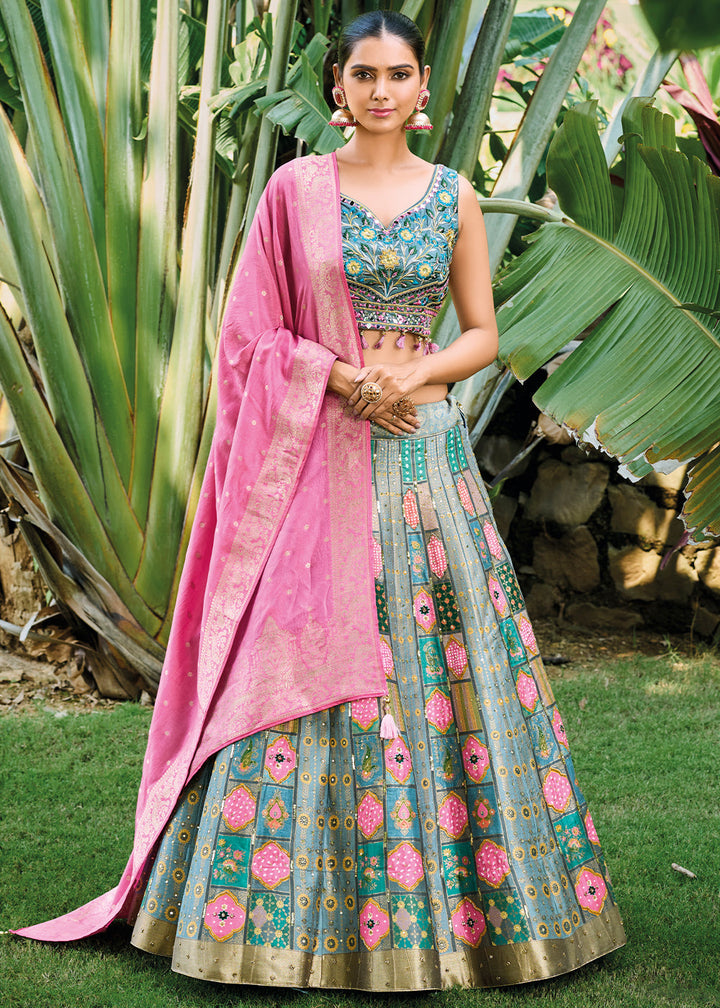 Pink & Blue Ready to Wear Dola Silk Lehenga Choli with Hand work Embroidery & Khatli Work