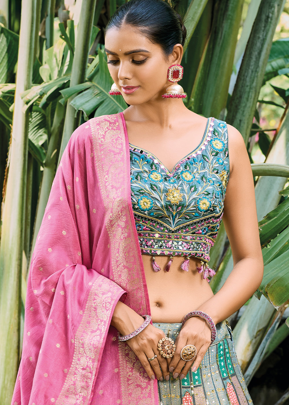 Pink & Blue Ready to Wear Dola Silk Lehenga Choli with Hand work Embroidery & Khatli Work