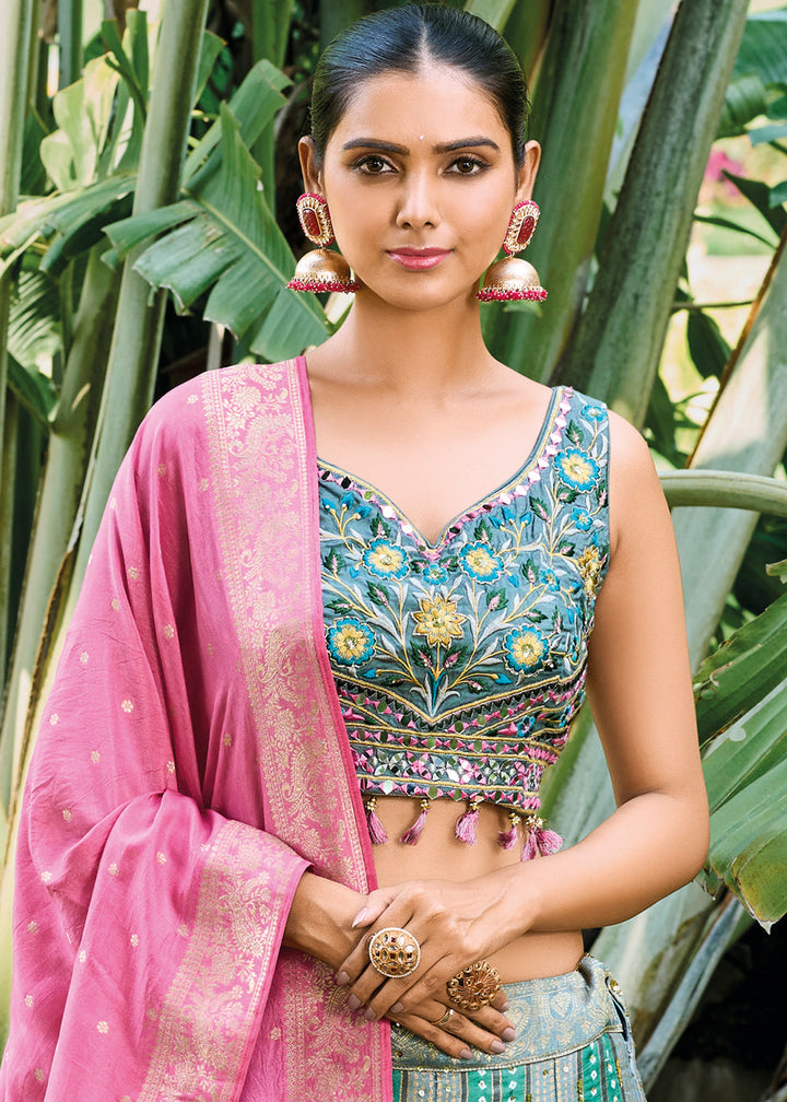 Pink & Blue Ready to Wear Dola Silk Lehenga Choli with Hand work Embroidery & Khatli Work