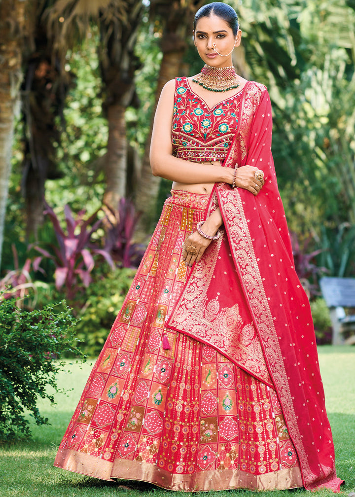 Shades Of Red Ready to Wear Dola Silk Lehenga Choli with Hand work Embroidery & Khatli Work