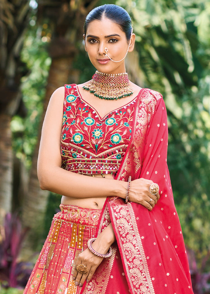 Shades Of Red Ready to Wear Dola Silk Lehenga Choli with Hand work Embroidery & Khatli Work