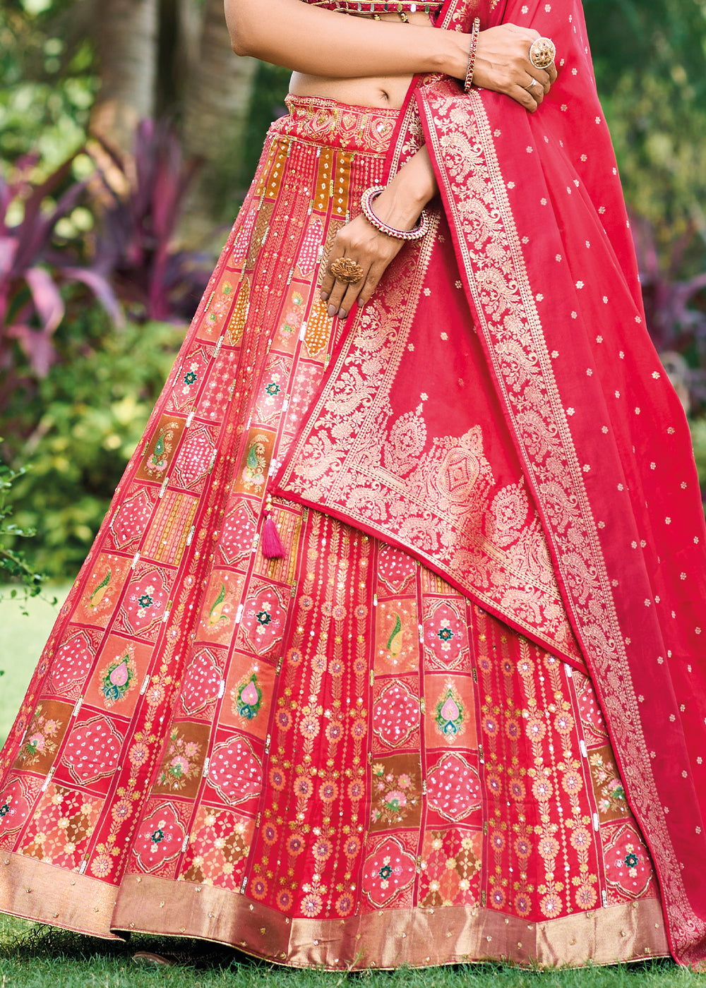 Shades Of Red Ready to Wear Dola Silk Lehenga Choli with Hand work Embroidery & Khatli Work