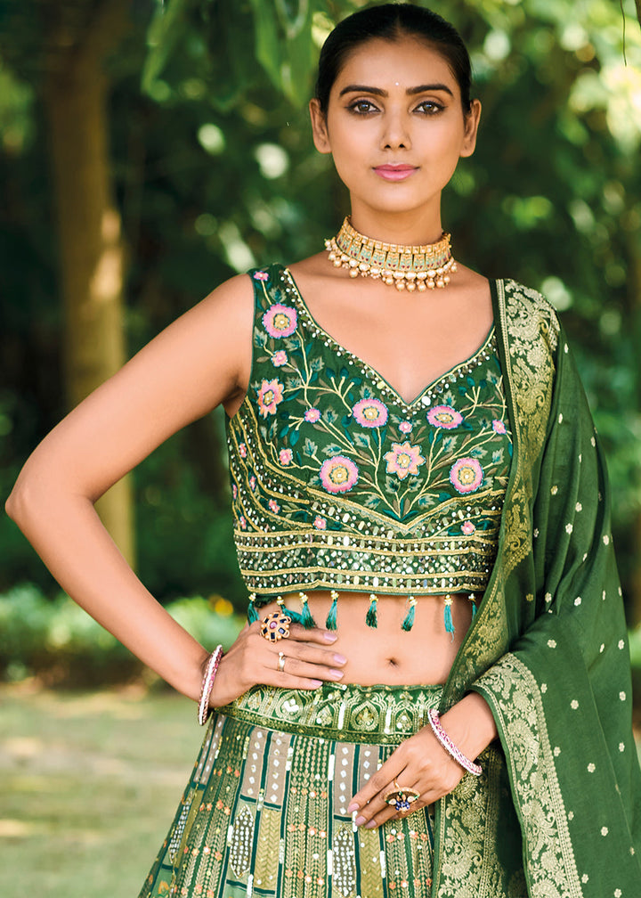 Shades Of Green Ready to Wear Dola Silk Lehenga Choli with Hand work Embroidery & Khatli Work