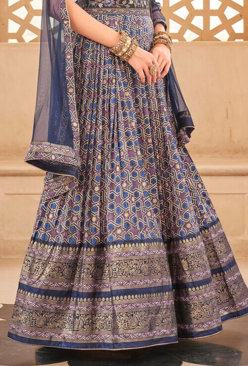 Blue Printed Anarkali Dress With Dupatta