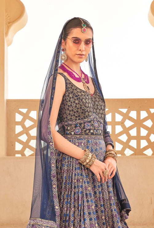 Blue Printed Anarkali Dress With Dupatta