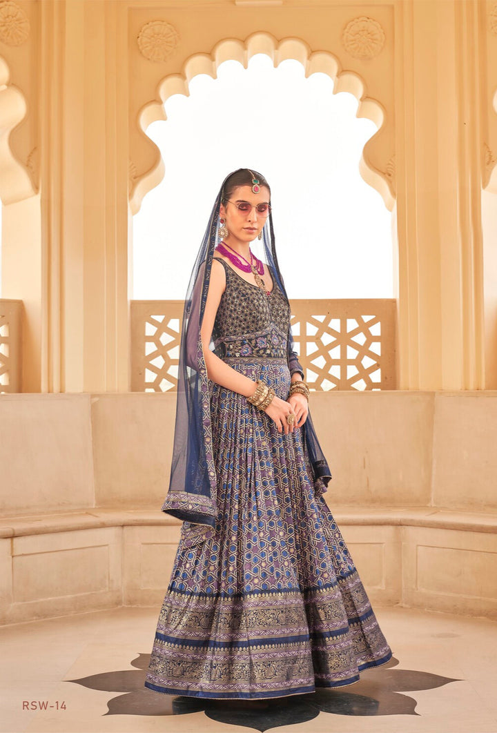 Blue Printed Anarkali Dress With Dupatta