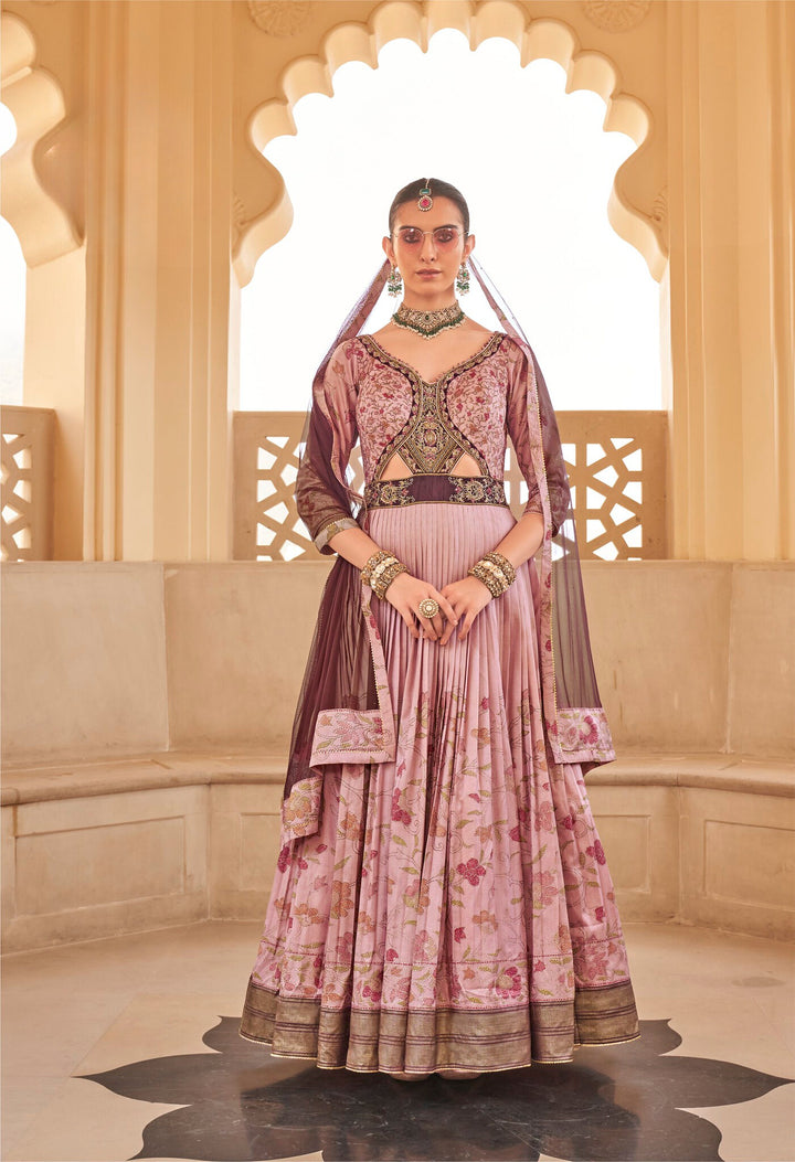 Peach Floral Printed Anarkali Dress With Dupatta