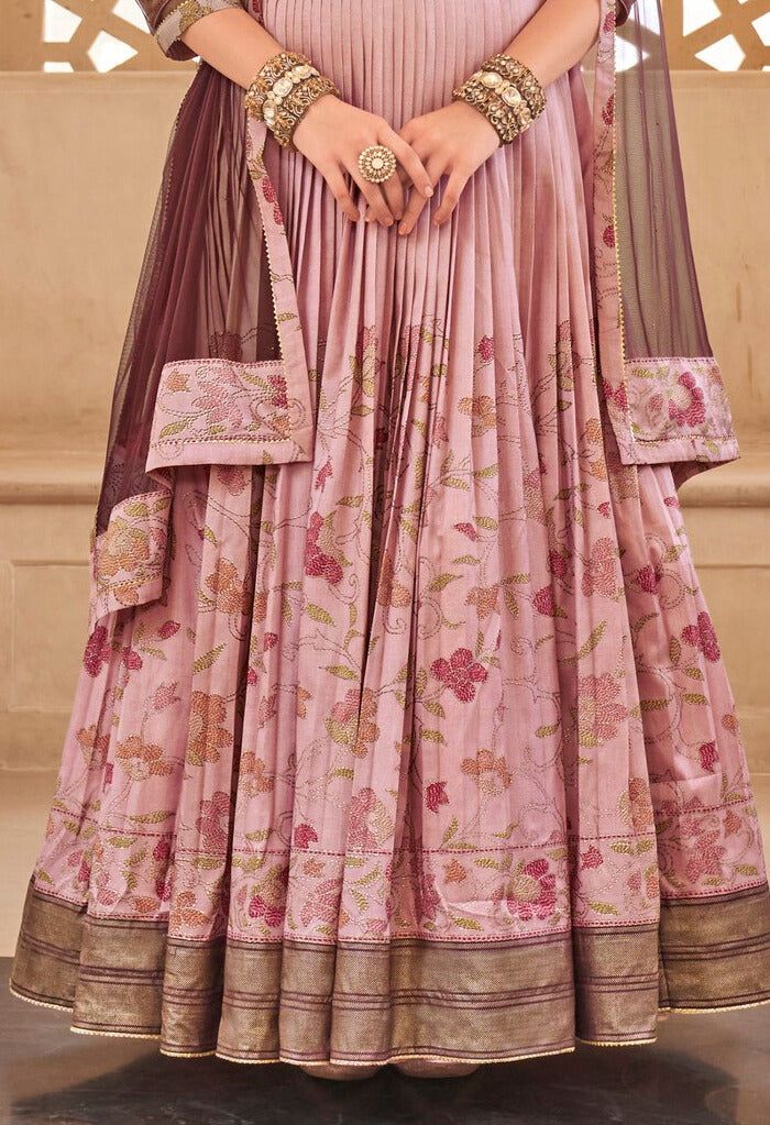 Peach Floral Printed Anarkali Dress With Dupatta