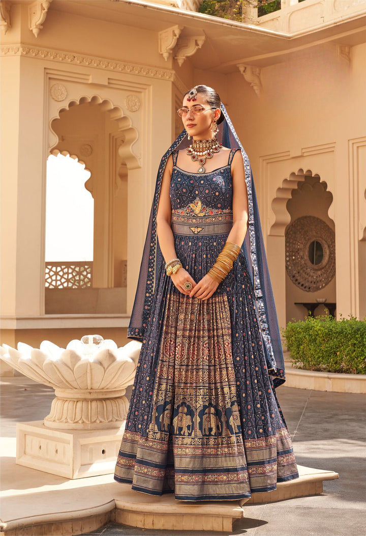 Navy Blue Printed Anarkali Dress With Dupatta