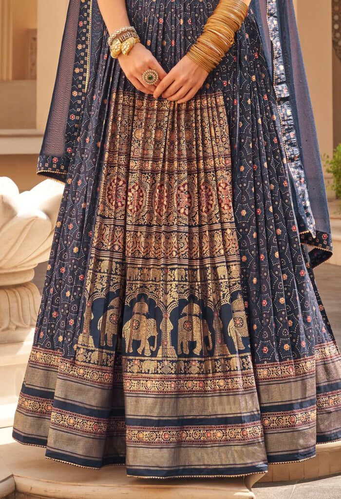 Navy Blue Printed Anarkali Dress With Dupatta