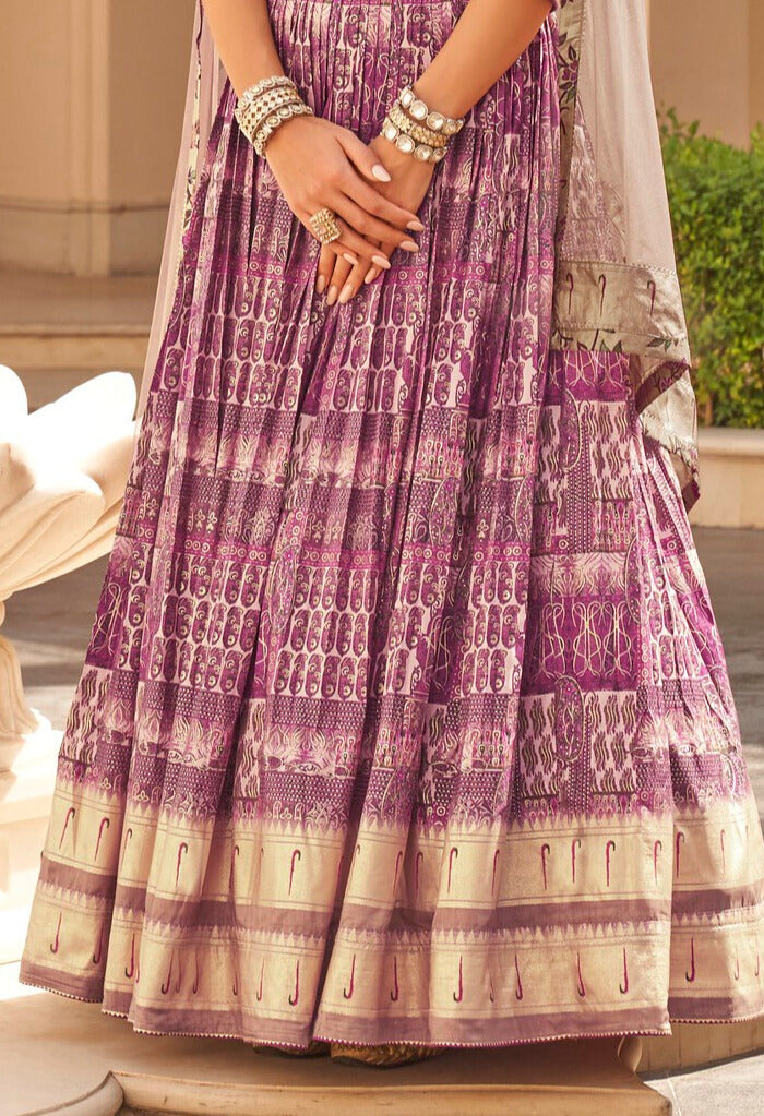 Plum Printed Anarkali Dress With Dupatta