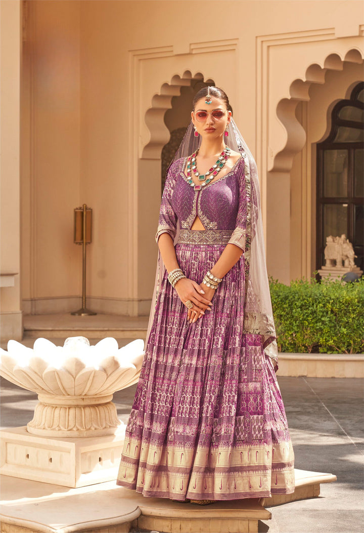 Plum Printed Anarkali Dress With Dupatta