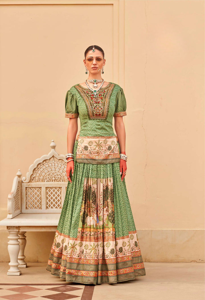 Green Stripe Printed Short Kurta Skirt Set