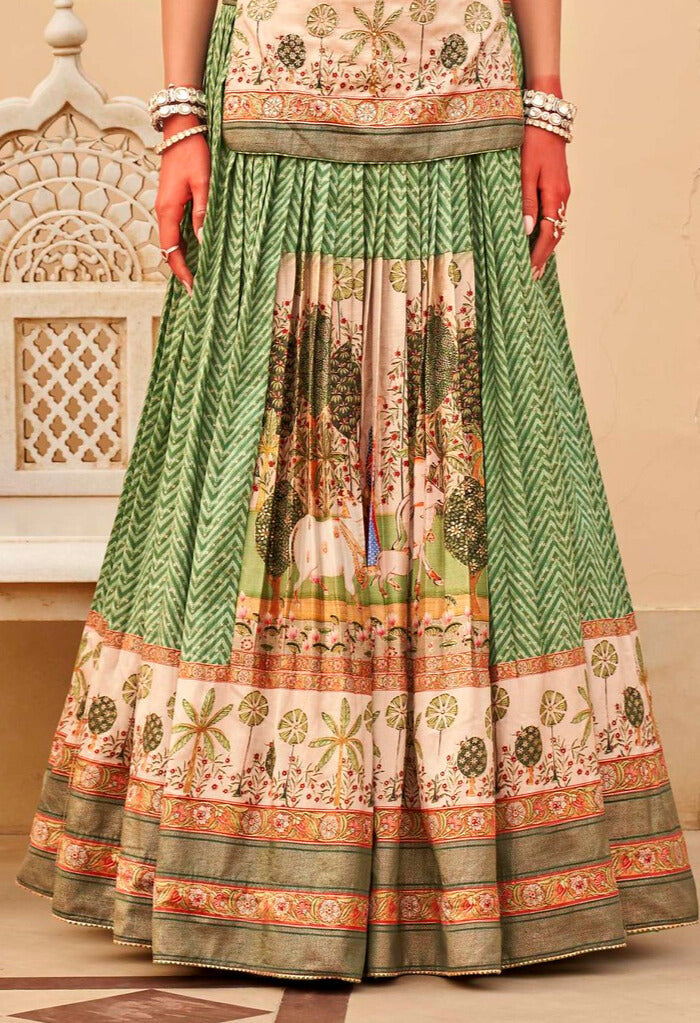 Green Stripe Printed Short Kurta Skirt Set