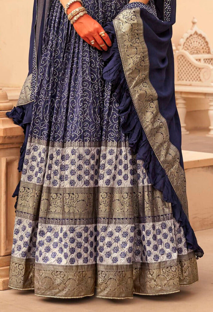 Navy Blue Printed Lehenga Set With Zari Work Coat