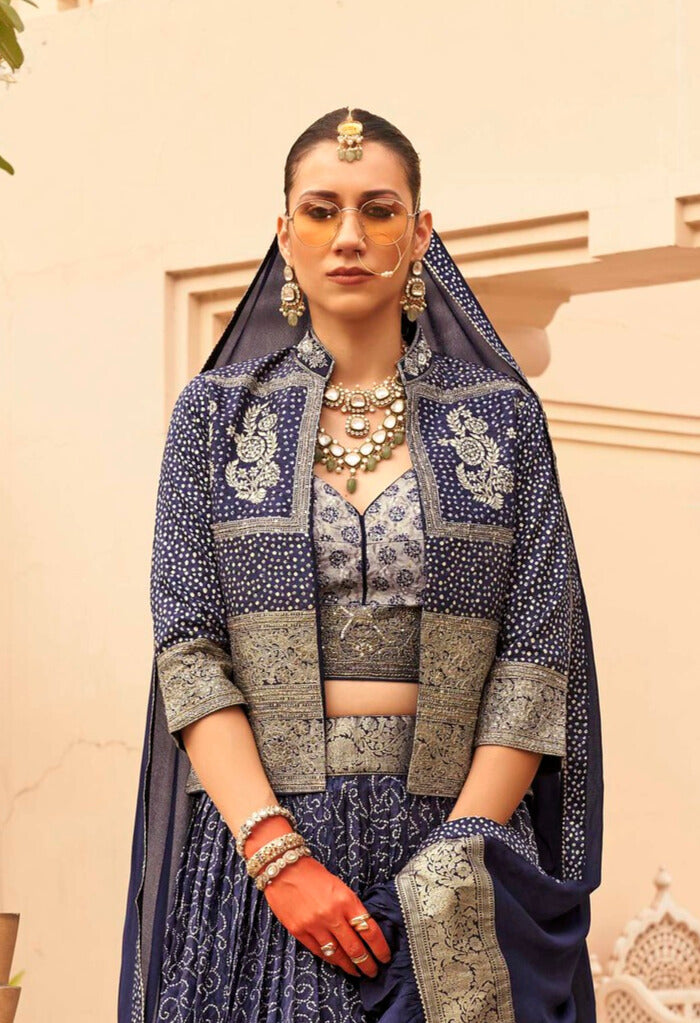 Navy Blue Printed Lehenga Set With Zari Work Coat