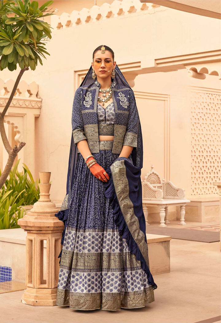 Navy Blue Printed Lehenga Set With Zari Work Coat