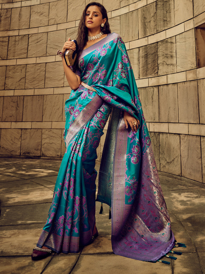 Qivii Blue Handloom Woven Satin Saree For Women