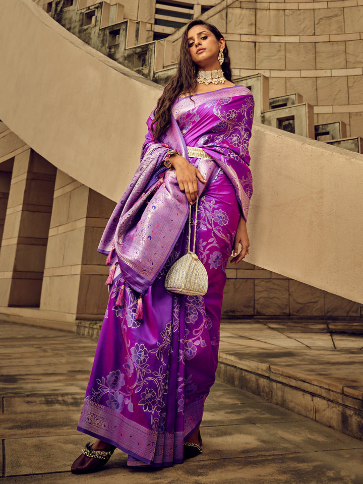 Qivii Purple Handloom Woven Satin Saree For Women