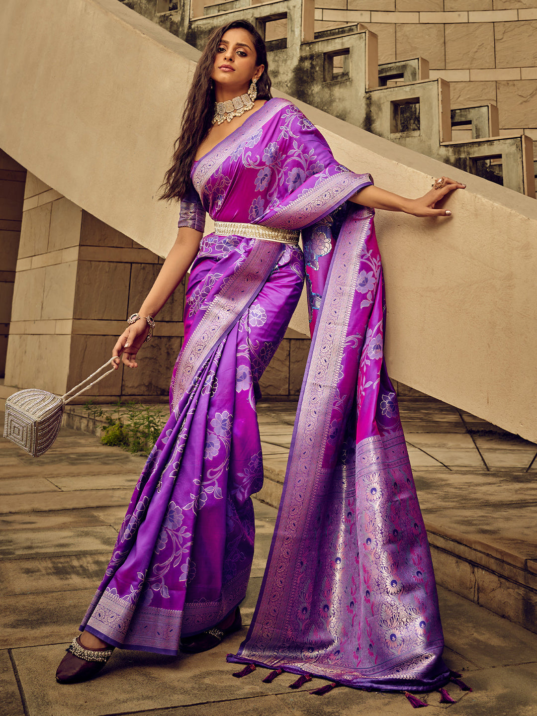 Qivii Purple Handloom Woven Satin Saree For Women