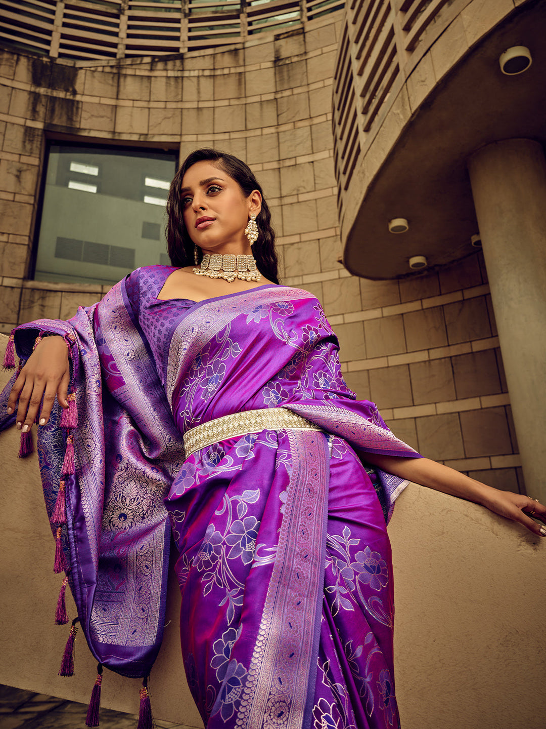 Qivii Purple Handloom Woven Satin Saree For Women