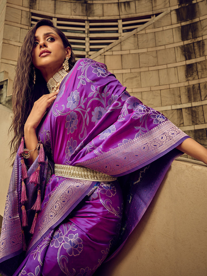 Qivii Purple Handloom Woven Satin Saree For Women