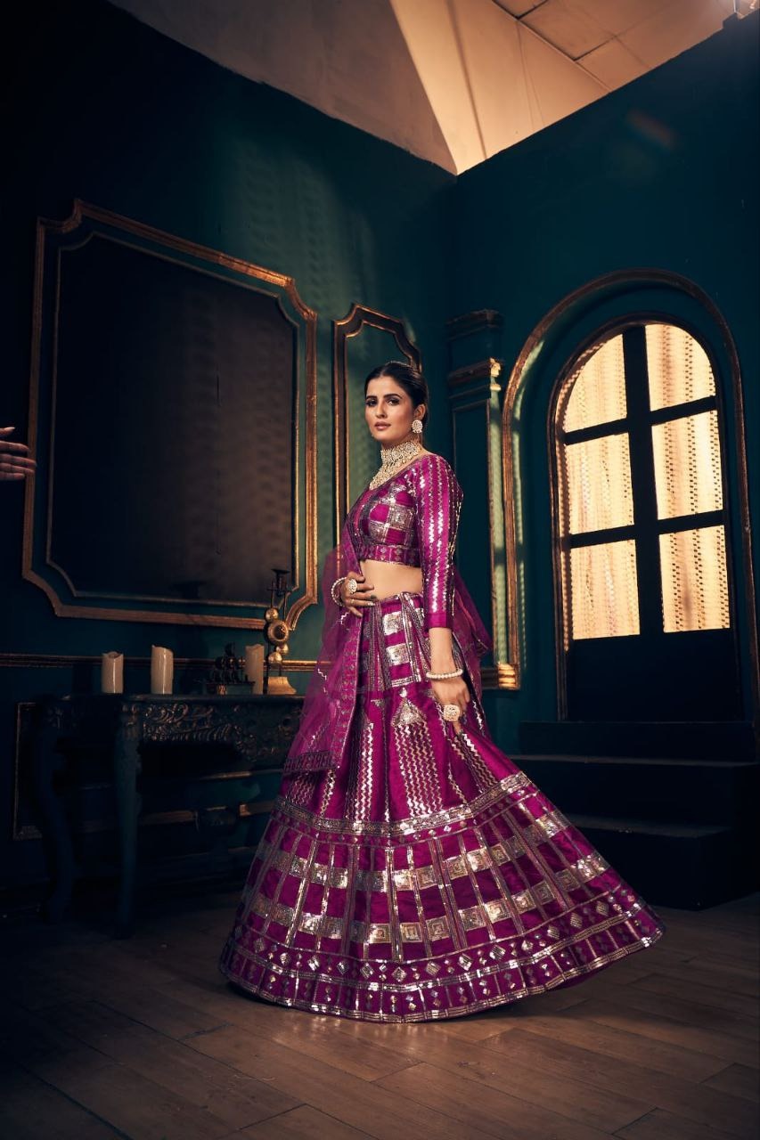 Pink Timo Silk Beautiful Rainbow shade Sequence Embroidery Work Lehenga