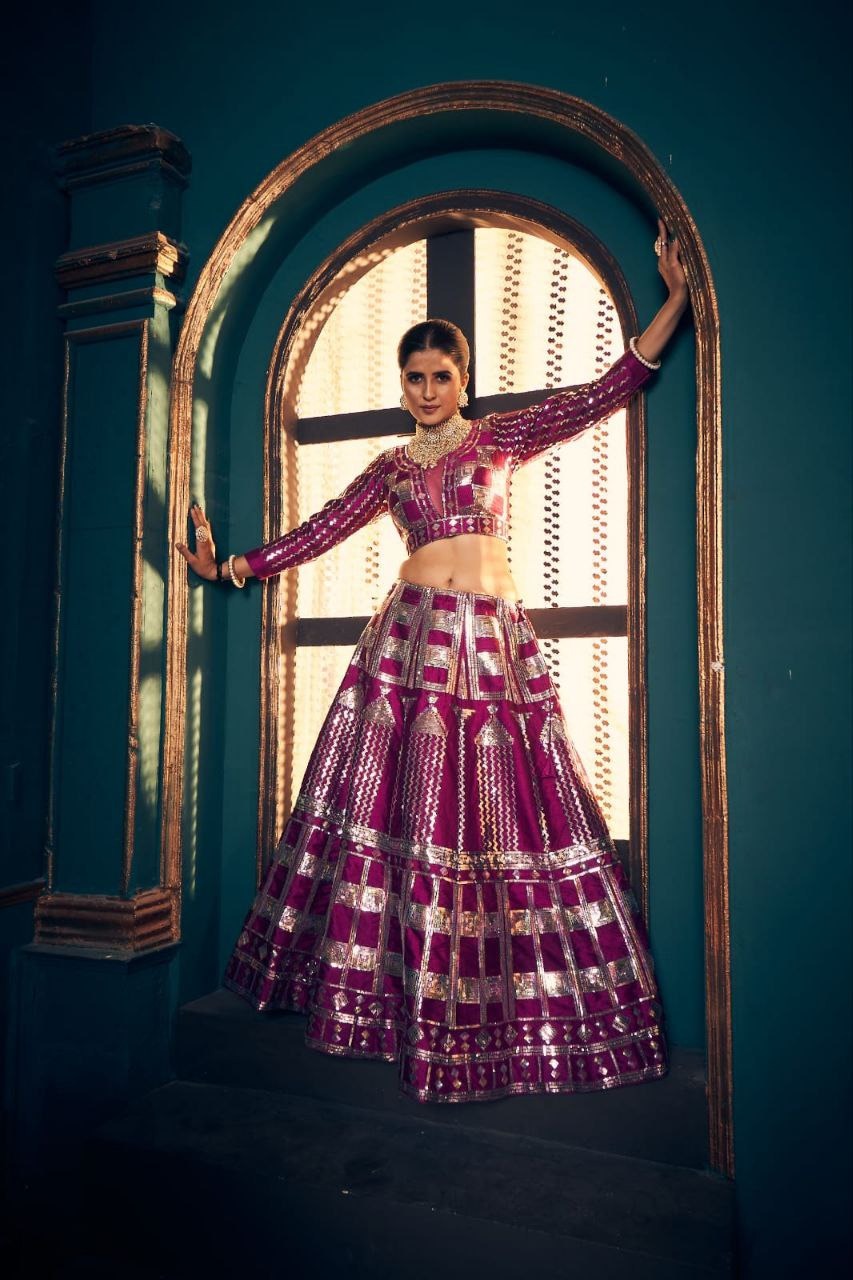  Gorgeous pink lehenga with rainbow sequin embroidery on silk fabric 