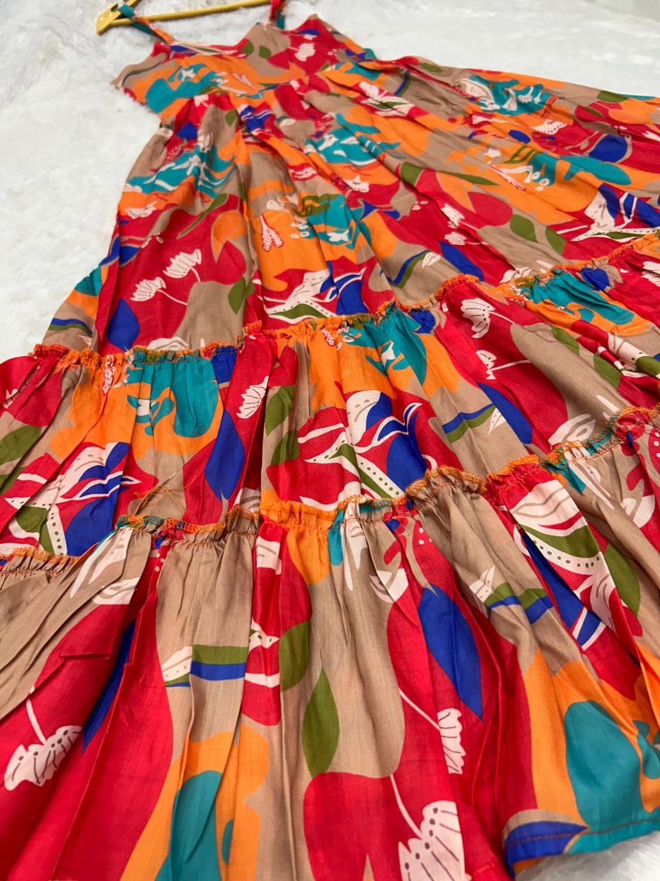 Multicolour Premium Muslin Printed With Frill work Gown