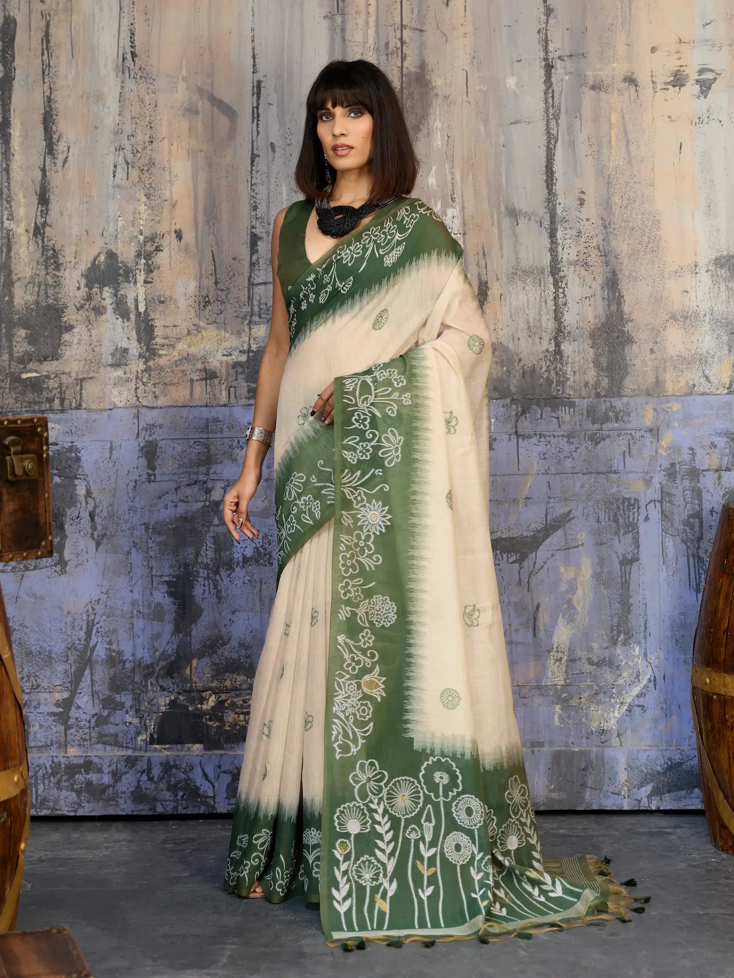 Beige-Green Handloom Cotton Saree