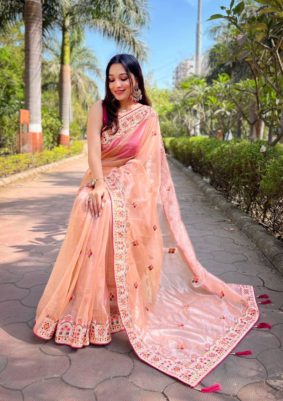 Peach Twill Net Designer Embroidery work of Malti Colour thread & jari dori on body Saree