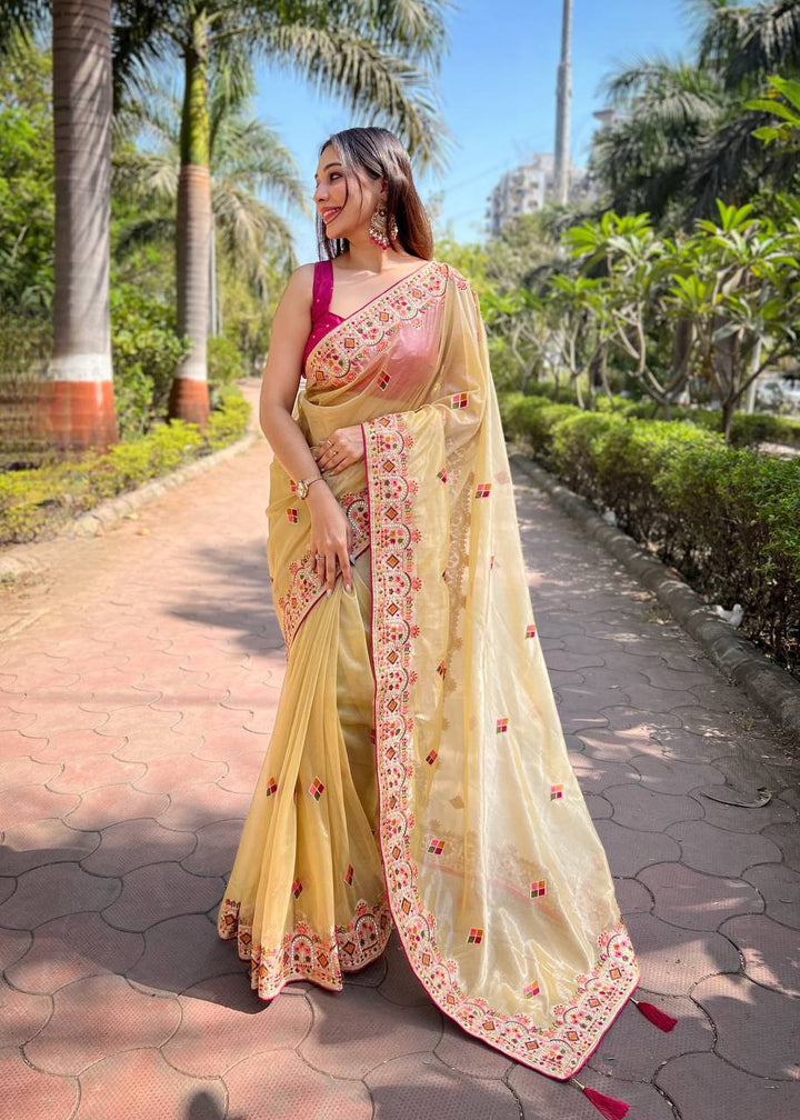 Yellow Twill Net Designer Embroidery work of Malti Colour thread & jari dori on body Saree