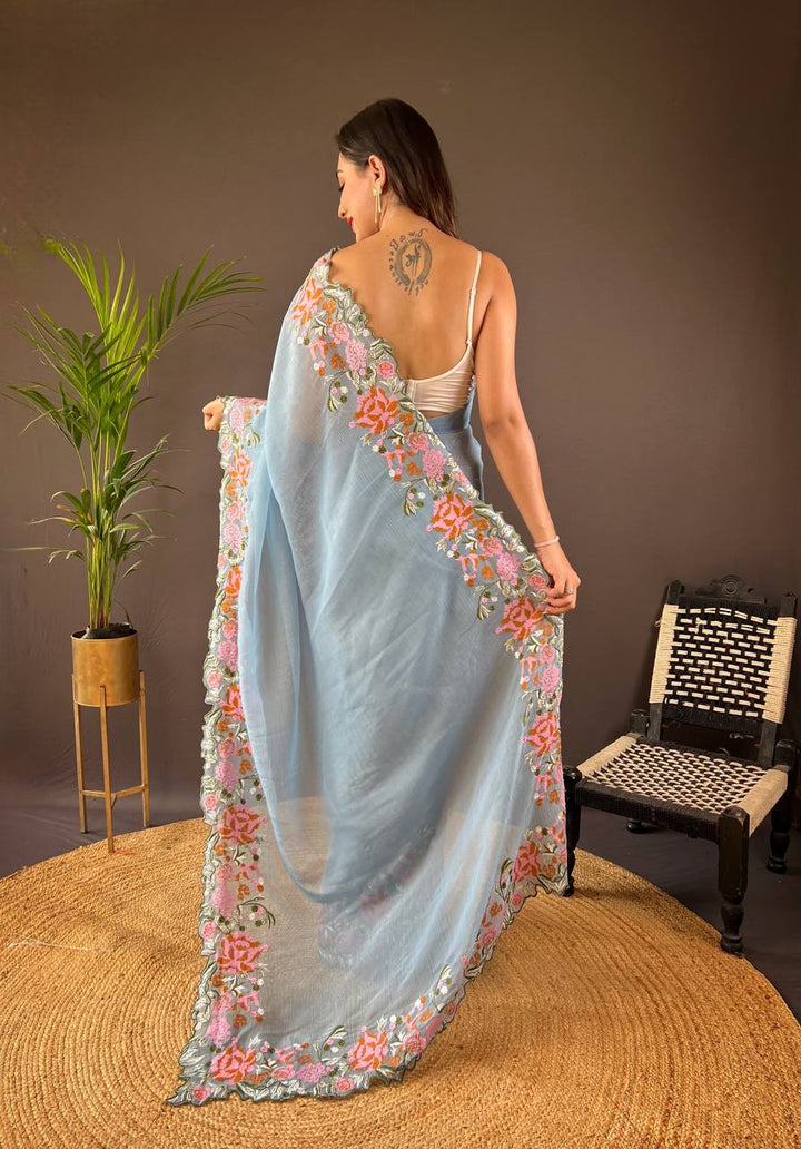 Elegant Blue Saree with Cut Work Border and Floral Embroidery