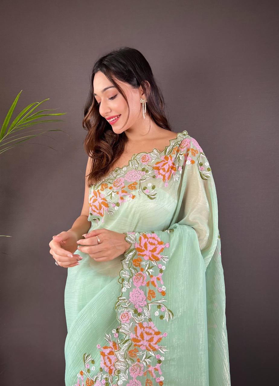 Light Green Soft Glossy Silk Designer Cross Stich Embroidery Work Border of Floral Design with Cut Work Border Saree