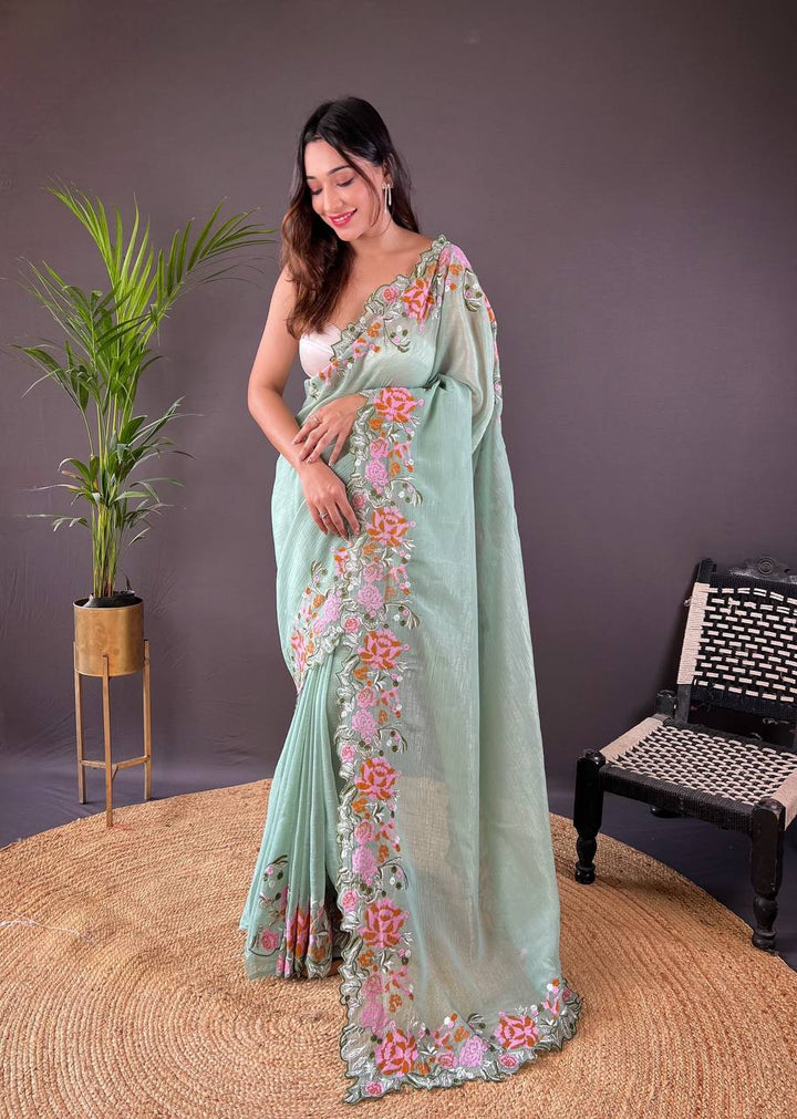 Light Green Soft Glossy Silk Designer Cross Stich Embroidery Work Border of Floral Design with Cut Work Border Saree