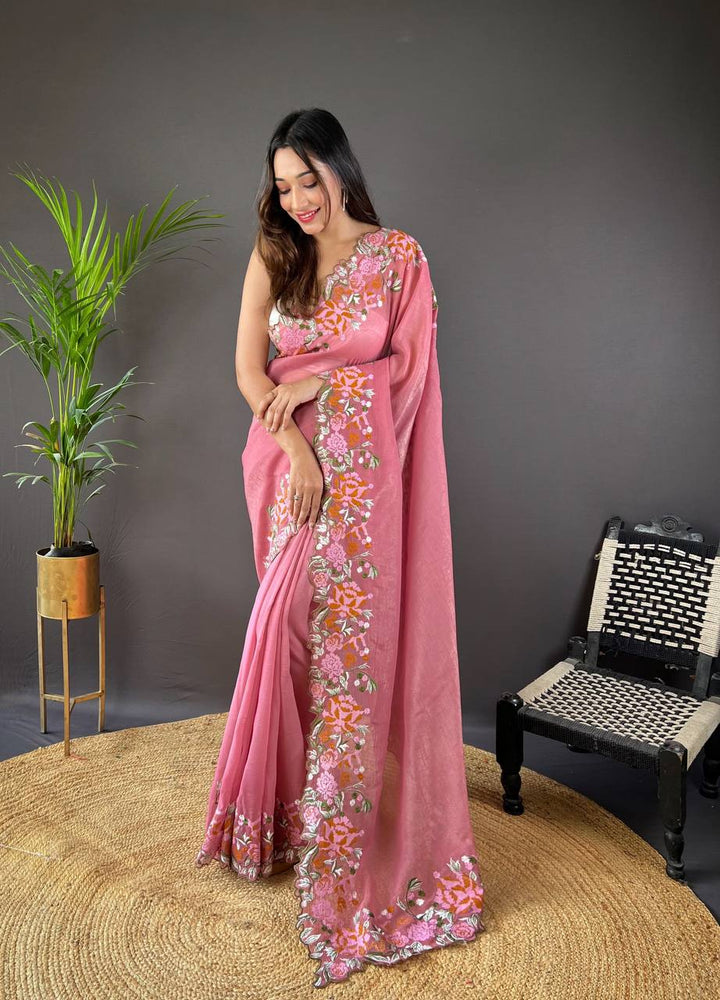 Pink Soft Glossy Silk Designer Cross Stich Embroidery Work Border of Floral Design with Cut Work Border Saree