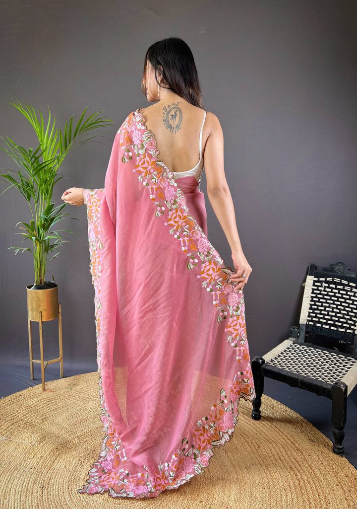 Pink Soft Glossy Silk Designer Cross Stich Embroidery Work Border of Floral Design with Cut Work Border Saree