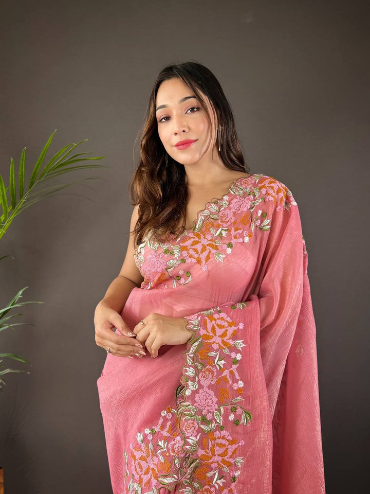 Pink Soft Glossy Silk Designer Cross Stich Embroidery Work Border of Floral Design with Cut Work Border Saree