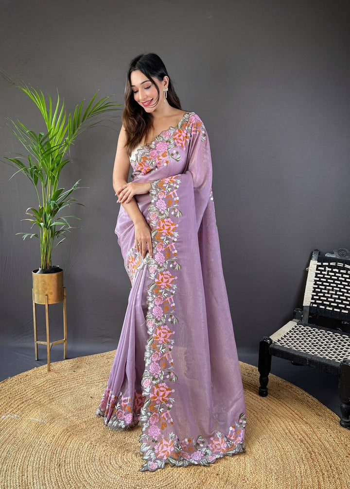 Purple Soft Glossy Silk Designer Cross Stich Embroidery Work Border of Floral Design with Cut Work Border Saree