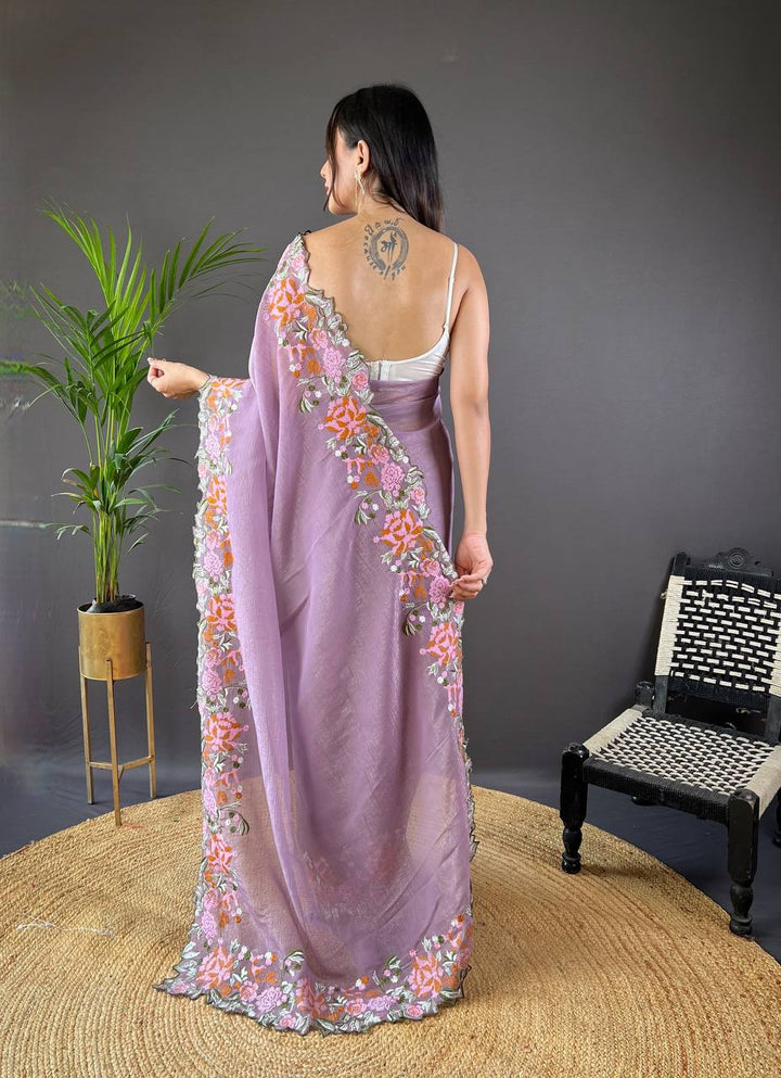 Purple Soft Glossy Silk Designer Cross Stich Embroidery Work Border of Floral Design with Cut Work Border Saree