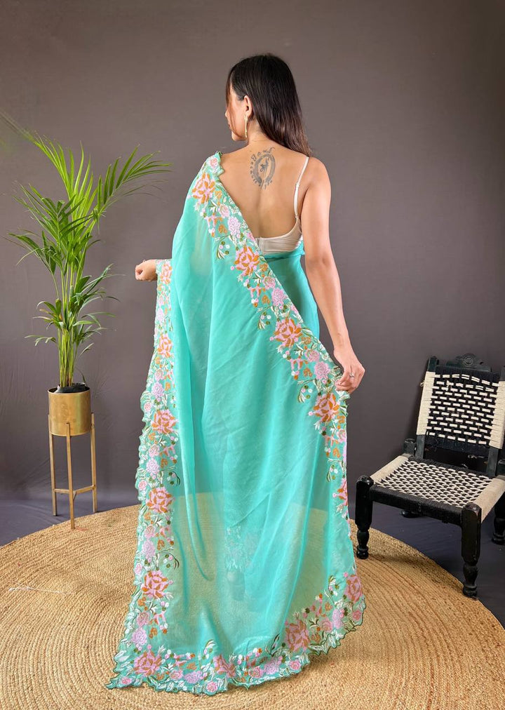 Sea Green Soft Glossy Silk Designer Cross Stich Embroidery Work Border of Floral Design with Cut Work Border Saree