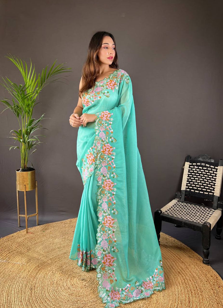 Sea Green Soft Glossy Silk Designer Cross Stich Embroidery Work Border of Floral Design with Cut Work Border Saree