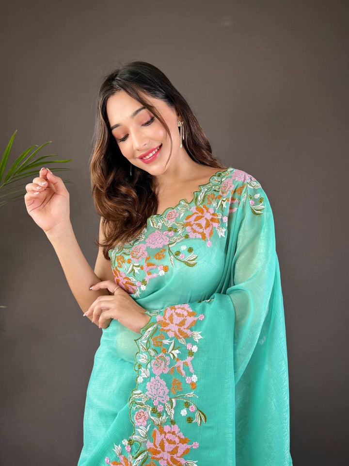 Sea Green Soft Glossy Silk Designer Cross Stich Embroidery Work Border of Floral Design with Cut Work Border Saree