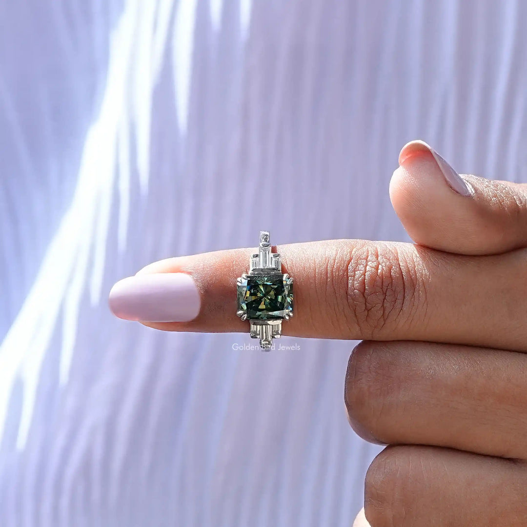 Green Radiant Cut Moissanite Engagement Ring