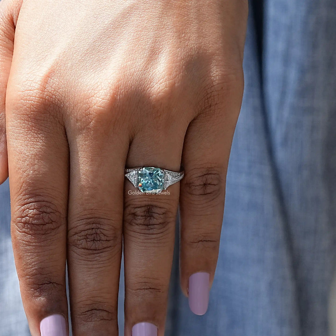 Blue Radiant Cut Moissanite Accent Stone Ring