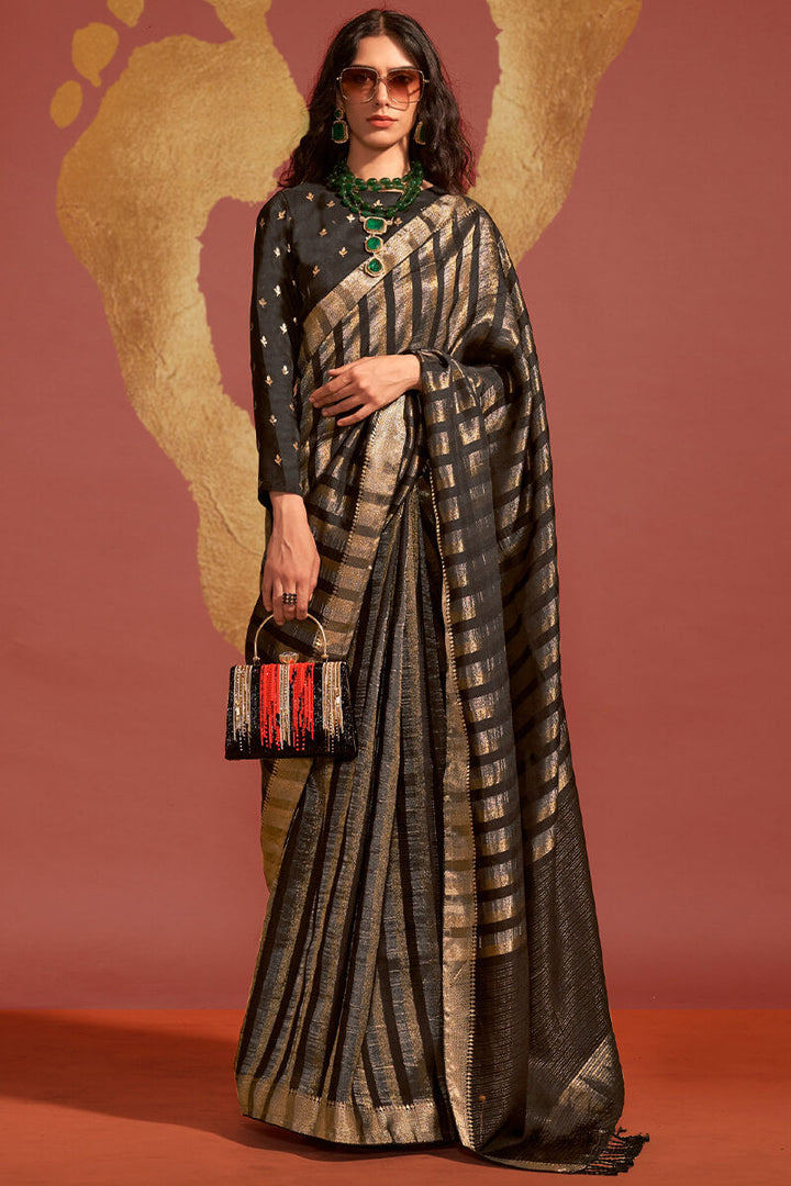 Eye-catching Black Soft Banarasi Silk Saree With Sizzling Blouse