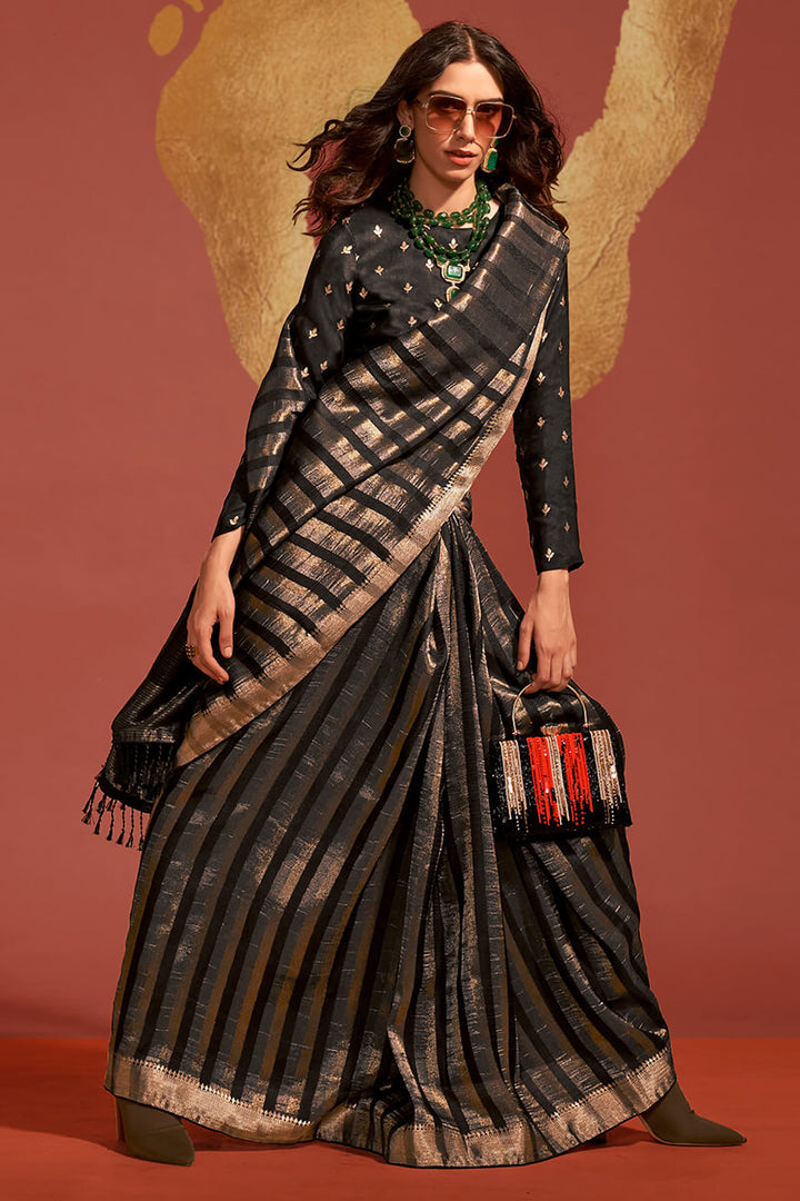 Eye-catching Black Soft Banarasi Silk Saree With Sizzling Blouse