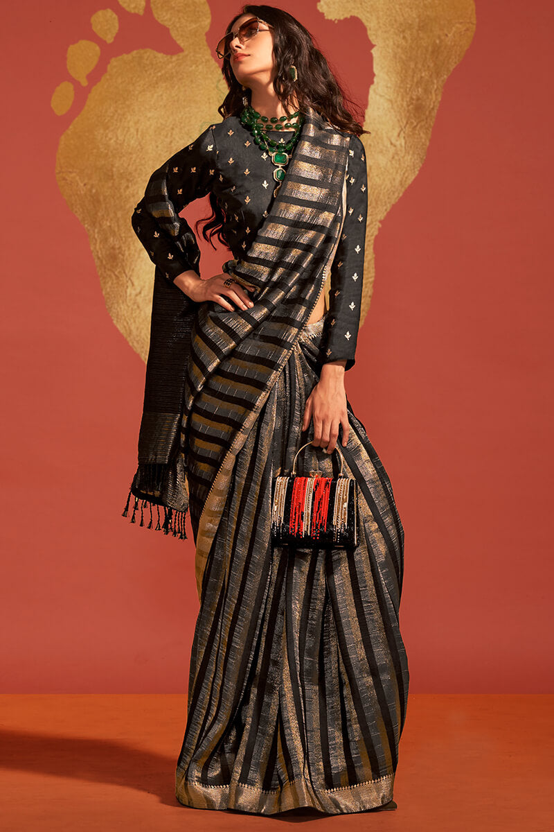 Eye-catching Black Soft Banarasi Silk Saree With Sizzling Blouse