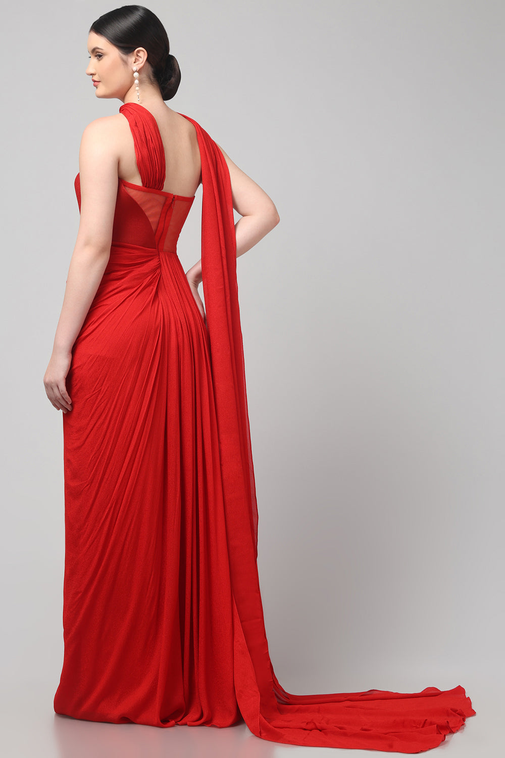 Red Embellished Strapless Saree Gown with Drape Detail